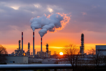 Industrial power plant at sunset with smoke rising from chimneys