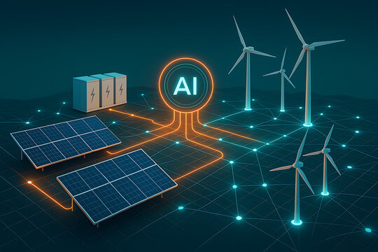 Smart Grid Innovation with AI Artificial Intelligence Connecting Renewable Energy Sources Like Solar Panels Wind Turbines and Battery Storage for a Sustainable Future