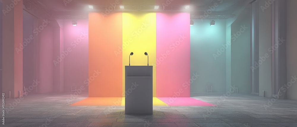 Poster reward recognition empty stage with colorful backdrop and podium ready for presentation.