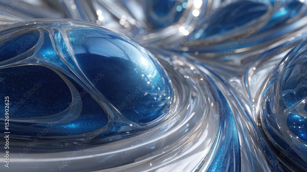 Poster swirling forms of glass in shades of blue capture light beautifully, creating an abstract and modern