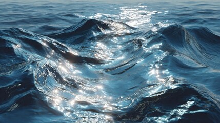 Fototapeta premium Glimmering waves roll gently across the ocean, reflecting sunlight as they rise and fall in the calm afternoon. The tranquil water creates a peaceful atmosphere.