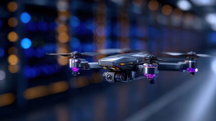 A high-tech drone is airborne inside a contemporary data center filled with servers. It features advanced surveillance technology, highlighting its role in security monitoring and data collection.