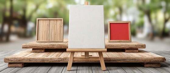 Reward Recognition Blank easel with two framed artworks set on a wooden table outdoors.