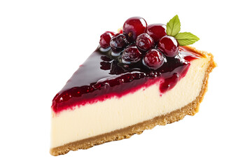 A piece of cheesecake with berry jam isolated on a white background