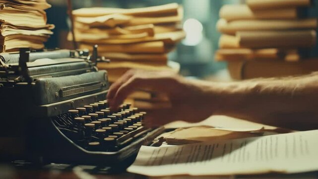 Antiquated typewriter in action amidst paper stacks