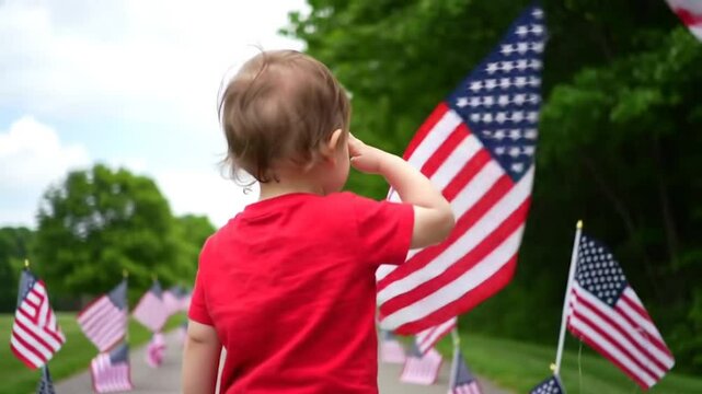 Child saluting American flags on tree-lined path. Patriotic boy in red shirt honoring US flags outdoors. Row of stars and stripes flags with saluting kid.