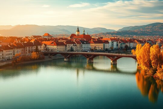 Aerial view of Maribor, Slovenia showcasing autumn colors and the Drava River at sunset, Aerial view of the city Maribor in Slovenia on a sunny autumn day