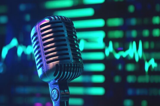 Retro microphone with vibrant blue and green sound wave background in an artistic display, retro silver microphone and moving blue and green graphic music equalizer