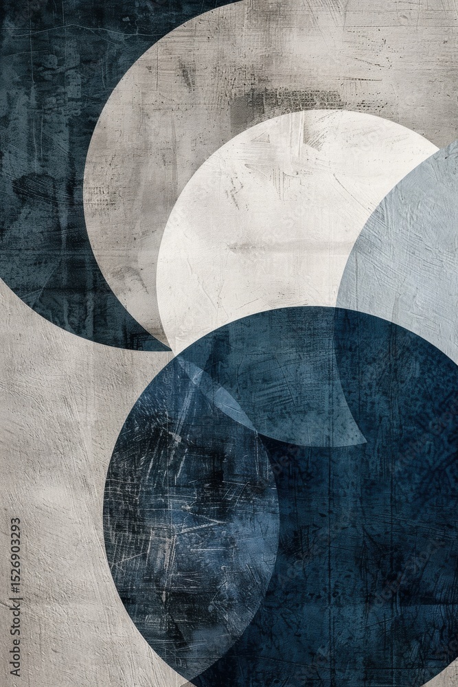 Poster minimalist abstract art with irregular circles in cool tones on textured gray