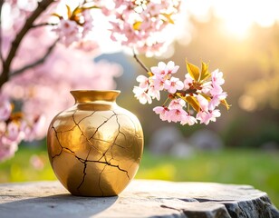 Golden cracked vase with cherry blossoms
