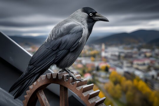 Jackdaw perched on gear with cityscape and dramatic sky background