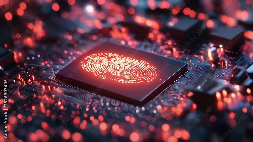 Poster a computer chip card with a brightly lit fingerprint. the chip is located on the motherboard, surrou