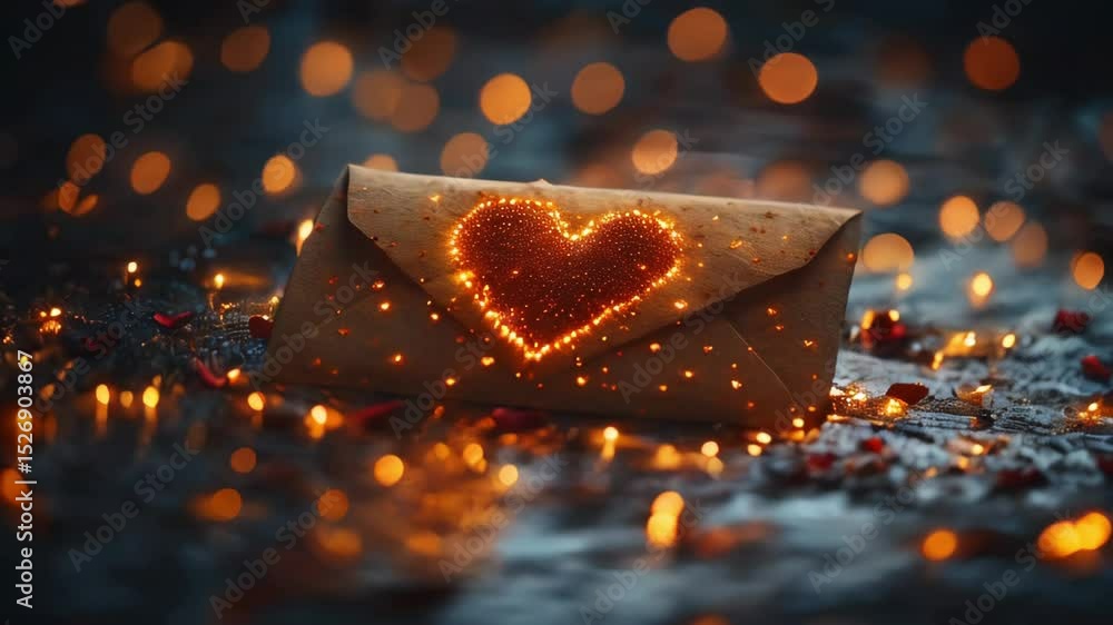 Poster a closed envelope is a postcard made of kraft paper with a heart made of luminous dots inside. small