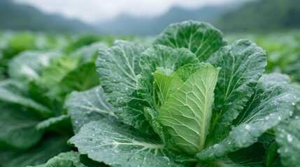 Obraz premium A field of green lettuce with a few drops of water on the leaves