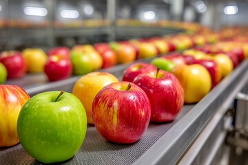 Red and green apples on conveyor belt in fruit processing plant