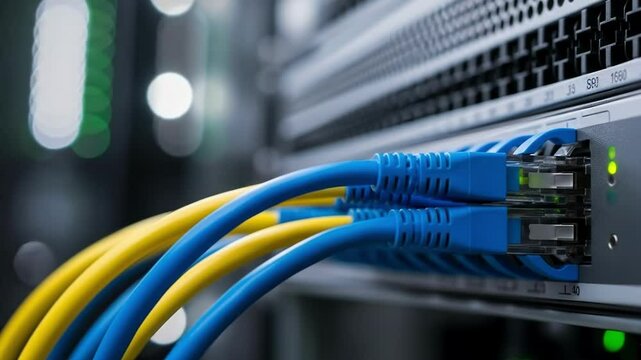 Closeup of blue and yellow ethernet cables plugged into a network server