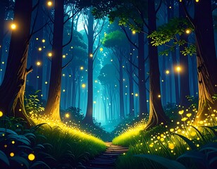 Magical glowing forest path