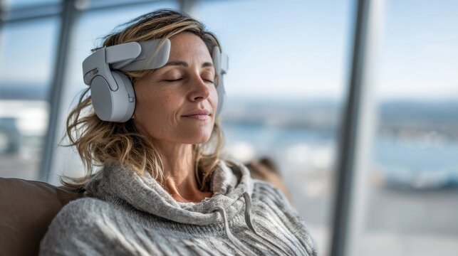 A woman sits comfortably in a modern airport lounge, wearing headphones while she relaxes with her eyes closed, enjoying a peaceful moment amid the travel rush.
