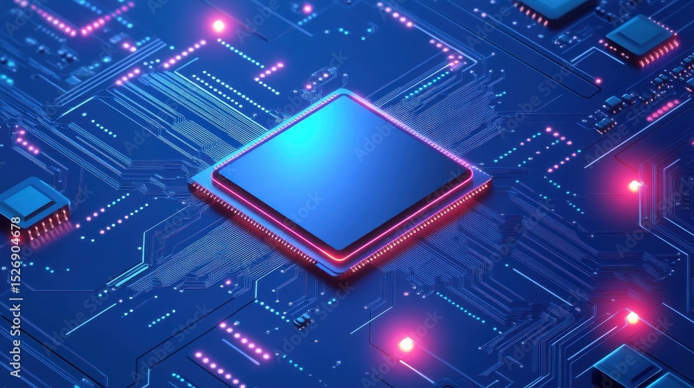 Poster ai chip background on technology blue background. circuit board. ai tech bg. semiconductor or cpu pr