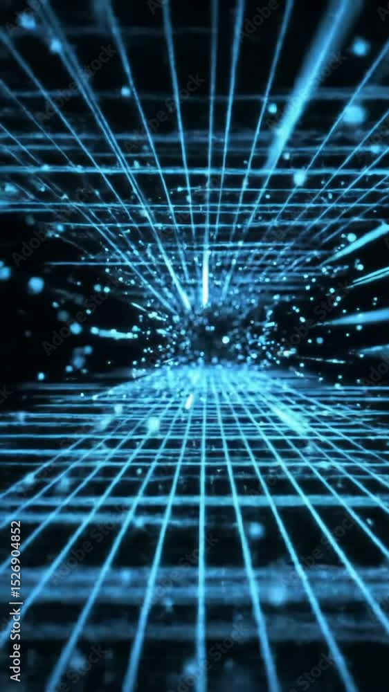 Poster glowing blue wireframe grid forming an abstract futuristic digital network tunnel receding into infi