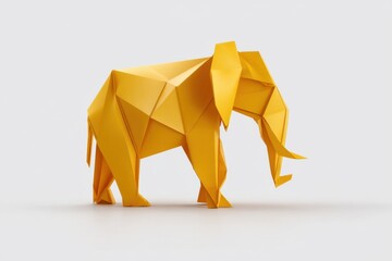 Golden Yellow Origami Elephant on White Background with Clean Geometry