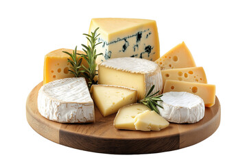 A set of different cheeses on a wooden tray isolated on a white background