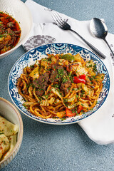 Traditional Lagman Noodles with Beef and Vegetables