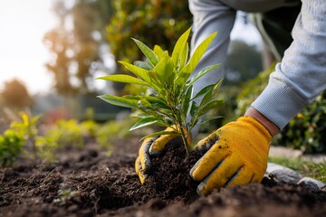 Gardener planting young tree in sunlit garden with gloves
