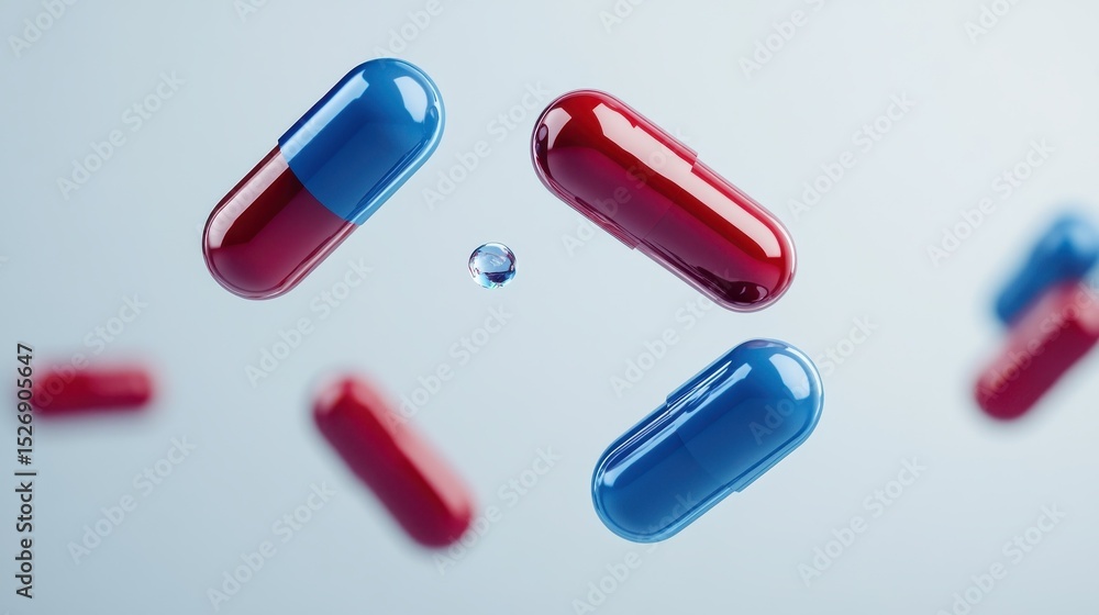Poster blue and red soft gel capsules floating against a plain background in a scientific setting