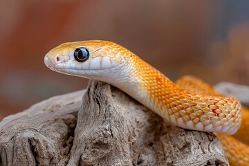 Obraz premium Close-up of yellow rat snake on weathered wood in natural habitat