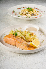 Grilled Salmon with Roasted Cauliflower and Cream Sauce