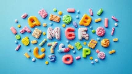 Naklejka premium Colorful candy letters and sweets on blue background.