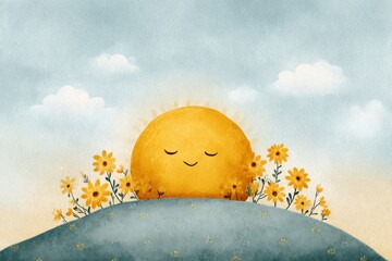 Whimsical Cartoon Sun Over Hill with Yellow Wildflowers and Blue Sky