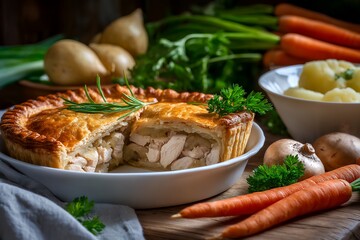 Delicious homemade chicken pot pie with fresh vegetables on rustic table