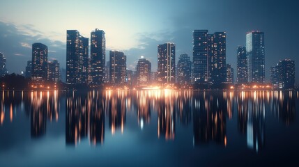 Fototapeta premium Modern cityscape at twilight, featuring sleek apartments and serene water reflections, ideal for urban lifestyle themes.