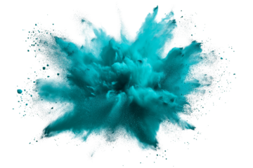 blue aquamarine turquoise color powder dust explosion PNG transparent background isolated graphic resource. Celebration, colorful festival, run or party element