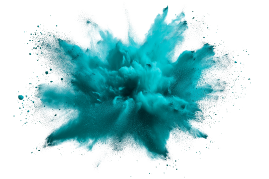 blue aquamarine turquoise color powder dust explosion PNG transparent background isolated graphic resource. Celebration, colorful festival, run or party element