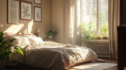A cozy bedroom, bathed in sunlight, features a comfortable bed with stylish decor and a neutral color palette, creating a calming atmosphere.