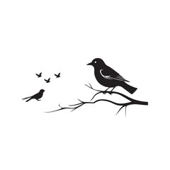 Black raven bird silhouette on a winter tree branch, a vector illustration of wild nature and flying wildlife
