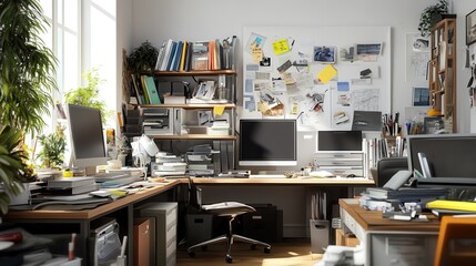 Cluttered workspace contrasts with organized office environment showcasing the impact of tidiness on productivity. Generative AI