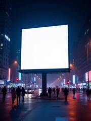 Empty billboard in a bustling city street at night showcases potential for advertising and creativity