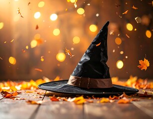 Halloween witch hat on wooden floor