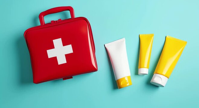 red first aid kit three tubes cream placed blue