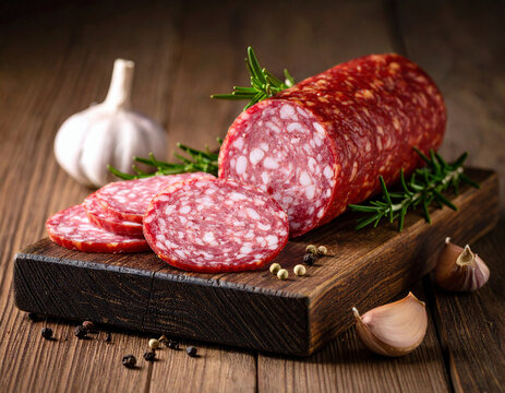 A deliciously seasoned salami sausage is partially sliced on a rustic wooden cutting board, garnished with fresh rosemary, garlic cloves, and peppercorns for a savory presentation.