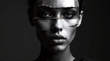 Monochromatic portrait with artistic facial expression, dramatic lighting.