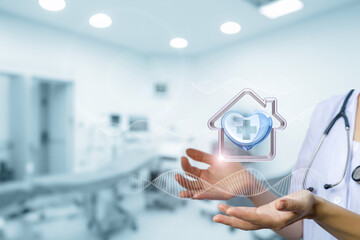 Hands holding health symbol in modern clinic.