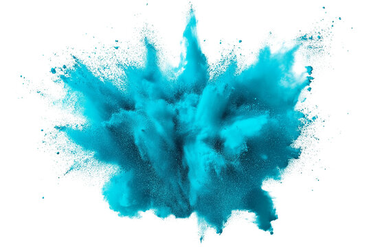 blue aquamarine turquoise color powder dust explosion PNG transparent background isolated graphic resource. Celebration, colorful festival, run or party element