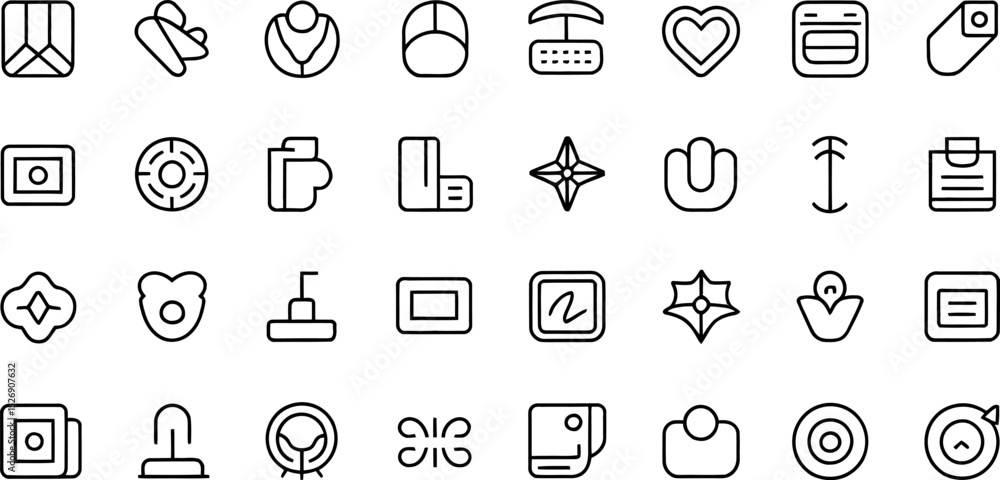 Poster collection of modern black and white outline icons for user interface design elements