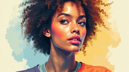 A vibrant, artistic portrait featuring a person with striking facial features and elaborate hair.