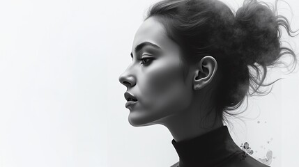 Graceful profile of an individual in a serene black and white photograph.